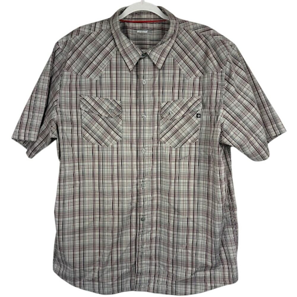 Marmot Plaid Short Sleeve‎ Button Up Shirt Gray Red Outdoor XXL